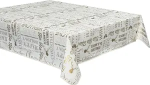 Celebright Festive Christmas PVC Tablecloth Set of 2 - Gold Joyful Holiday Expressions & Silver Blizzard Design - 52x90in