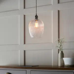 Luminosa Livorno Dome Pendant Ceiling Light Bright Nickel Plate, Clear Ribbed Glass