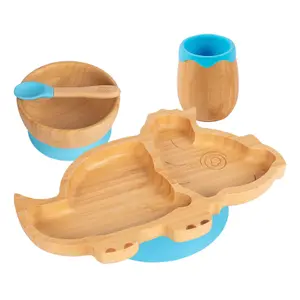 Tiny Dining - Dinosaur Bamboo Suction Baby Feeding Set - Blue - 4pc