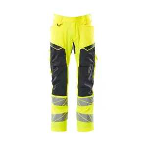 Mascot Accelerate Safe Trousers with Kneepad Pockets - Hi-Vis Yellow/Dark Navy   (36.5) (Leg Length - Regular)