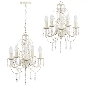 ValueLights Lille Cream Ornate Vintage Style Shabby Chic 5 Way Ceiling Light Chandelier with Acrylic Jewels