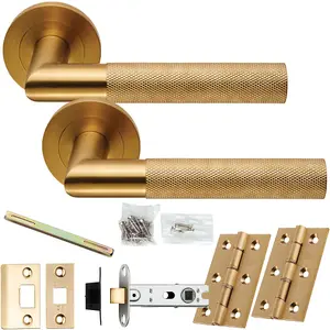 Door Handle & Latch Pack - Satin Brass - Round Knurled Mitred Lever On Round Rose