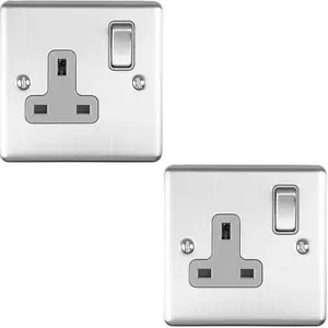 2 PACK 1 Gang Single UK Plug Socket SATIN STEEL 13A Switched Grey Trim Plate