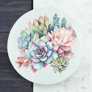 Succulents Round Glass Worktop Saver - Textured Chopping Board Worktop Protector