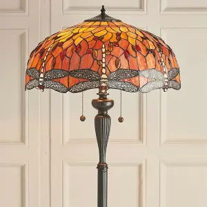 1.5m Tiffany Twin Floor Lamp Dark Bronze & Dragonfly Stained Glass Shade i00014