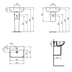 Ideal Standard i.life S Gloss White Rectangular Floor-mounted Full pedestal Basin (H)84.5cm (W)50cm