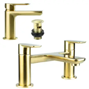 Brushed Brass Basin & Bath Filler Tap Including Bath Waste