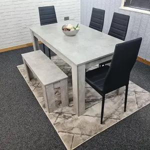 Dining Table and 4 Chairs With Bench Stone Grey Effect Wood Table 4 Black Leather Chairs Dining Room