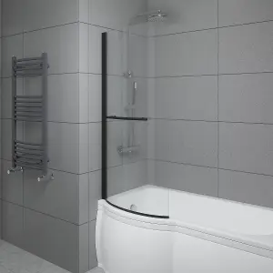 SunDaze 6mm Toughened Safety Glass Curved P Shaped Shower Bath Screen with Towel Rail- 1400x715mm Black