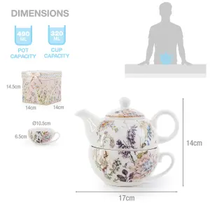 EHC Bell Flowers Design Porcelain Tea For One Tea-pot with Handle, Microwave, Oven & Dishwasher Safe, Gift Boxed,  490/Cup 320ml