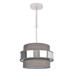 First Choice Lighting 2 Tier Grey Fabric & Brushed Silver Plated Banded Ceiling Adjustable Flush Shade