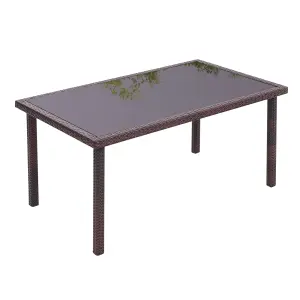 Rustic Rectangle Ratten Effect Wicker Outdoor Garden Wicker Table with Tempered Glass Tabletop Brown 150cm