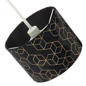 Black Soft Velvet Lamp Shade with Metallic Gold Foil Lines in Geometric Design