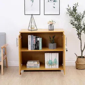 Beech wooden Filing cabinet with 1 shelf - 2 Door Lockable Filing Cabinet - Short wood Office Storage Cupboard Organiser