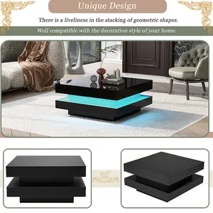 Black Square High Gloss Coffee Table with Rotating Top, Tea Table with 16-Color LED light, 70x70x36 cm