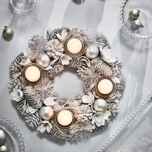 White Frosted Round Table Centrepiece Christmas Decoration Candle Holder Tealight Holder 30cm