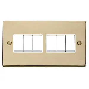 Polished Brass 10A 6 Gang 2 Way Light Switch - White Trim - SE Home