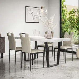 Aria Dining Table And Chairs -  White Marble Effect Table Top w Black Legs + Monza Linen Dining Chair Set Of 6 (Beige)