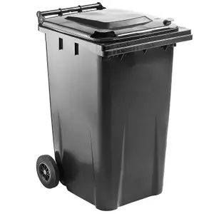 240L Grey Large Outdoor Garden Waste Recycling Wheelie Bin With Rubber Wheels Handle & Lid