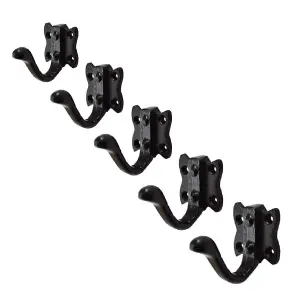 5 x Black Cast Iron Tudor Single Coat Hooks, Antique Door Robe & Dress Hangers