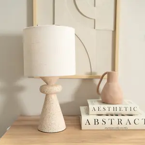 ValueLights Cady Pair of - Natural Cement Effect Bedside Table Lamp with Drum Shade - LED Bulbs Included