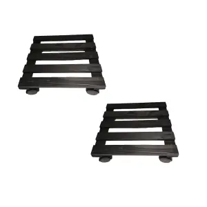 Pack of 2 28cm Black Square Wooden Garden Plant Pot Flower Trolley Stand On Wheels