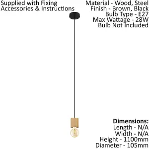 Pendant Ceiling Light 1 x Round Brown Wood Bulb Holder Long Flex Bulb E27 28W