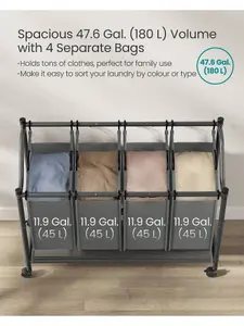 SONGMICS Rolling Laundry Sorter, Laundry Basket With 4 Removable Bags, Laundry Hamper, Laundry Trolley, For Laundry Room, 4 X 45 L