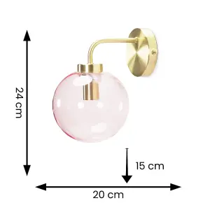 ValueLights Frenchie Pair of - Brushed Gold Metal Wall Light with Pink Tinted Glass Globe Shade - LED Bulbs Included