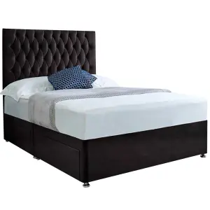 Jemma Divan Bed Set with Headboard and Mattress - Plush Fabric, Black Color, 2 Drawers Left Side