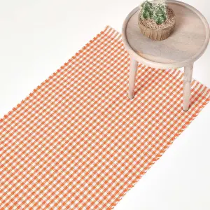 Homescapes Cotton Gingham Check Rug Hand Woven Orange White, 66 x 200 cm