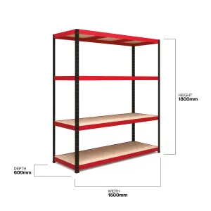 RB BOSS Garage Shelving Unit 4 Shelf MDF Red & Black Powder Coated Steel (H)1800mm (W)1600mm (D)600mm