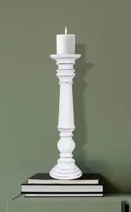 Rustic Antique Carved Wooden Pillar Church Candle Holder White Light, Large 31cm High