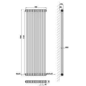 Vertical White Double Column Radiator (H) 1800mm x (W) 560mm, 7512 BTU.