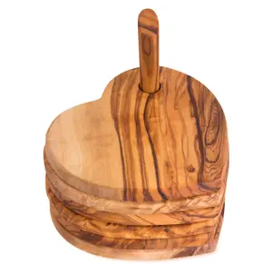 Olive Wood Natural Grained Rustic Kitchen Dining Set of 5 Heart Shaped Coasters On A Pole 10cm