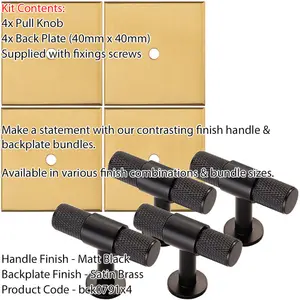 4 PACK - Cabinet Door Knob & Contrasting Backplate Set - Knurled T Bar Pull - Matt Black & Satin Brass