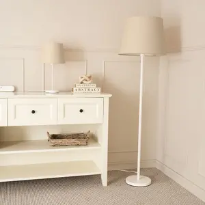 ValueLights Charles White Single Stem Floor Lamp with Beige Tapered Shade and LED Bulb