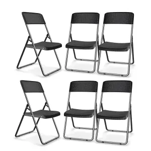 URBNGARDEN 82cm Height Black 6Pcs Rattan Effect Metal Folding Chairs Outdoor Indoor Dining Furniture