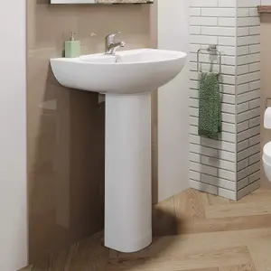 Curved Bathroom Wash Basin Sink Full Pedestal Floorstanding 1 Tap Hole Ceramic Modern Gloss White