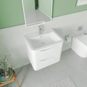 Wall Hung 2 Drawer Vanity Basin Unit with Polymarble Basin, 600mm - Satin White