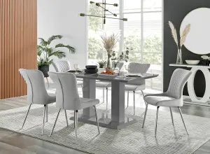 Imperia Grey High Gloss 6 Seater Dining Table with Structural 2 Plinth Column Legs 6 Light Grey Velvet Silver Leg Nora Chairs