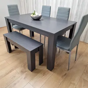 Dining Table and 4 Chairs With Bench Black Dark Grey 4 Grey Leather Chairs Wood Dining Set Furniture