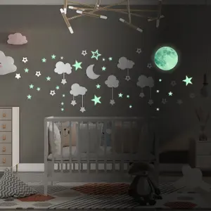 Walplus Combo Kids Wall Sticker - White Sky With Glowing Stars And Moon PVC