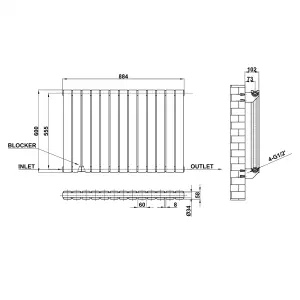 Horizontal Anthracite Double Flat Panel Radiator (H) 600 mm x (W) 884 mm, 4388 BTU.