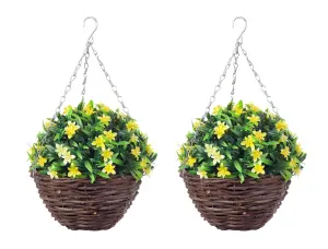 Pair of Best Artificial 28cm Yellow Lily Hanging Basket Flower Hanging - Suitable for Outdoor Use - Weather & Fade Resistant