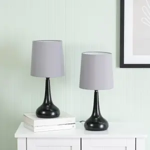 Pair - Black Teardrop Touch Dimmer Table Lamps with Grey Shade for Bedside Table Bedroom Light - LED Bulbs Included