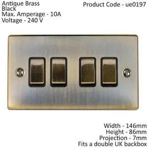 4 Gang Quad Light Switch ANTIQUE BRASS 2 Way 10A Black Trim & Metal Rocker