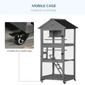 PawHut Bird Cage Wooden Aviary for Canary Cockatiel Parrot w/ Wheels Tray