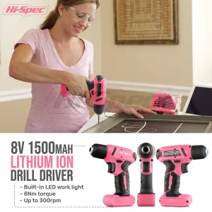 8V Pink Cordless Electric Power Screwdriver & Drill Bits Set-With Battery 57pc