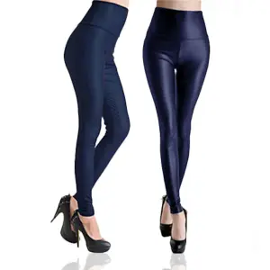 RJM Ladies Faux Leather Wet Look Leggings, High Waist, Navy